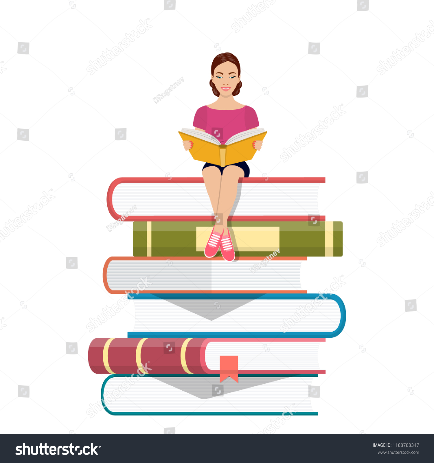 Young Woman Sitting On Stack Books Stock Illustration 1188788347