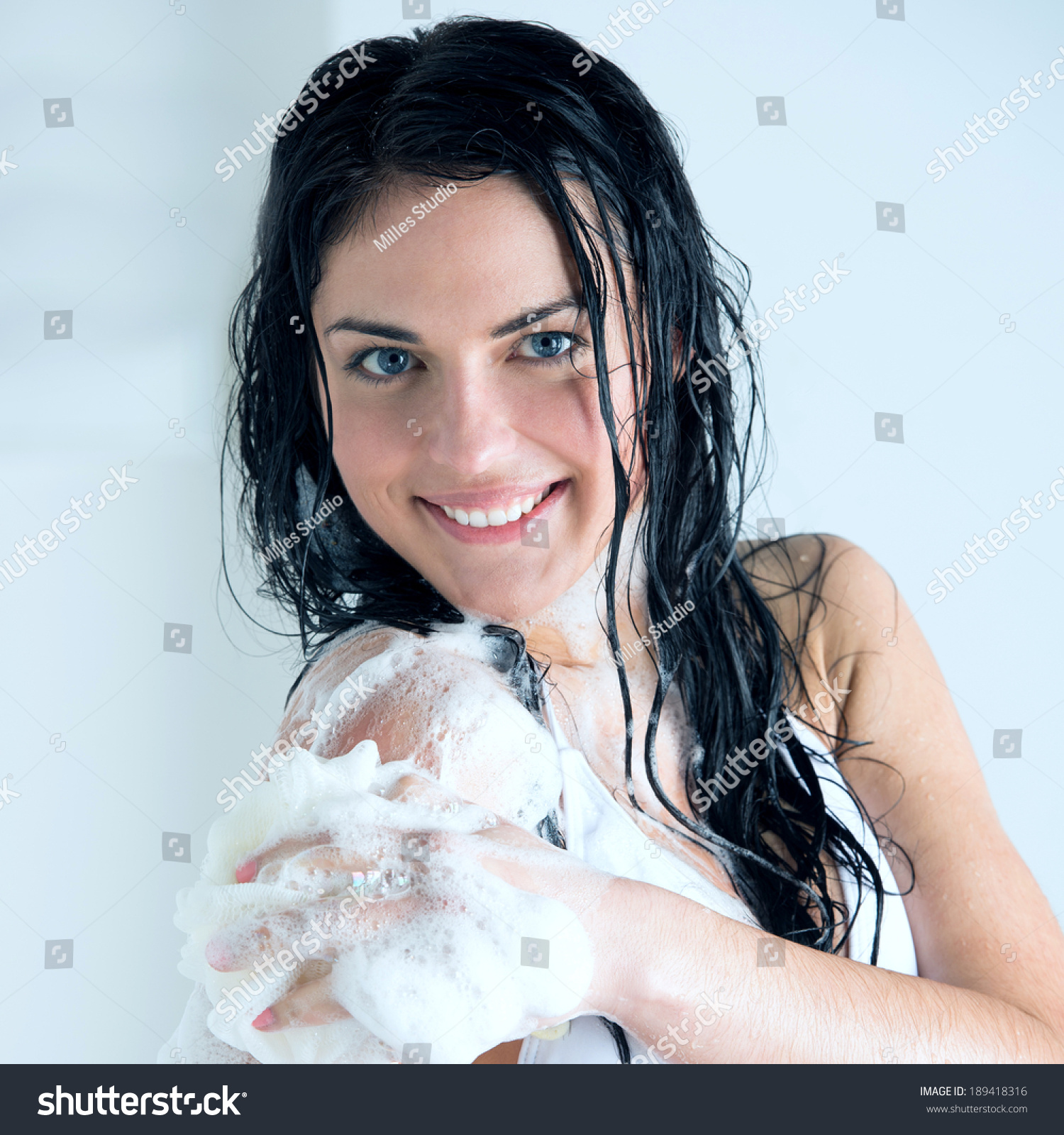 Young Woman Washing Body Shower Gel Stock P