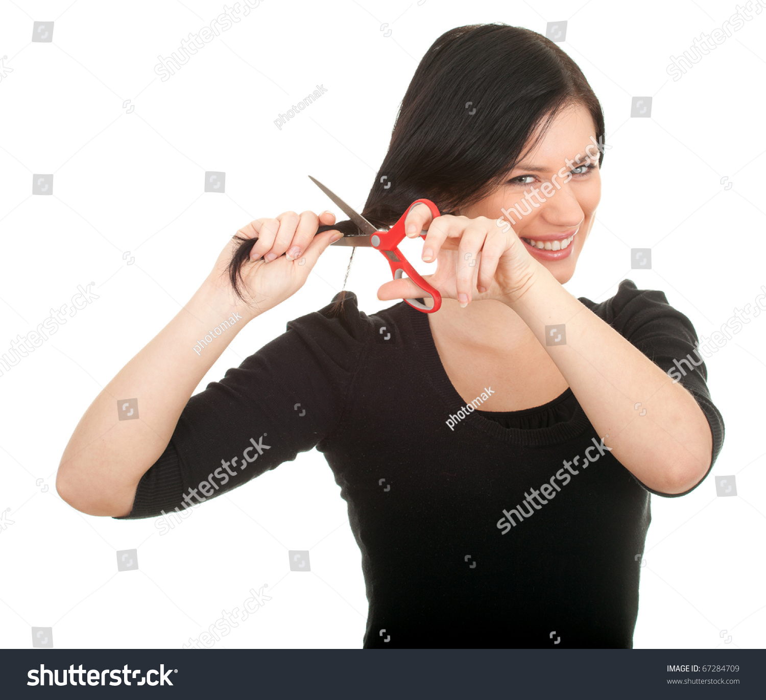Young Woman Scissors Trying Cut Her Stock Photo 67284709