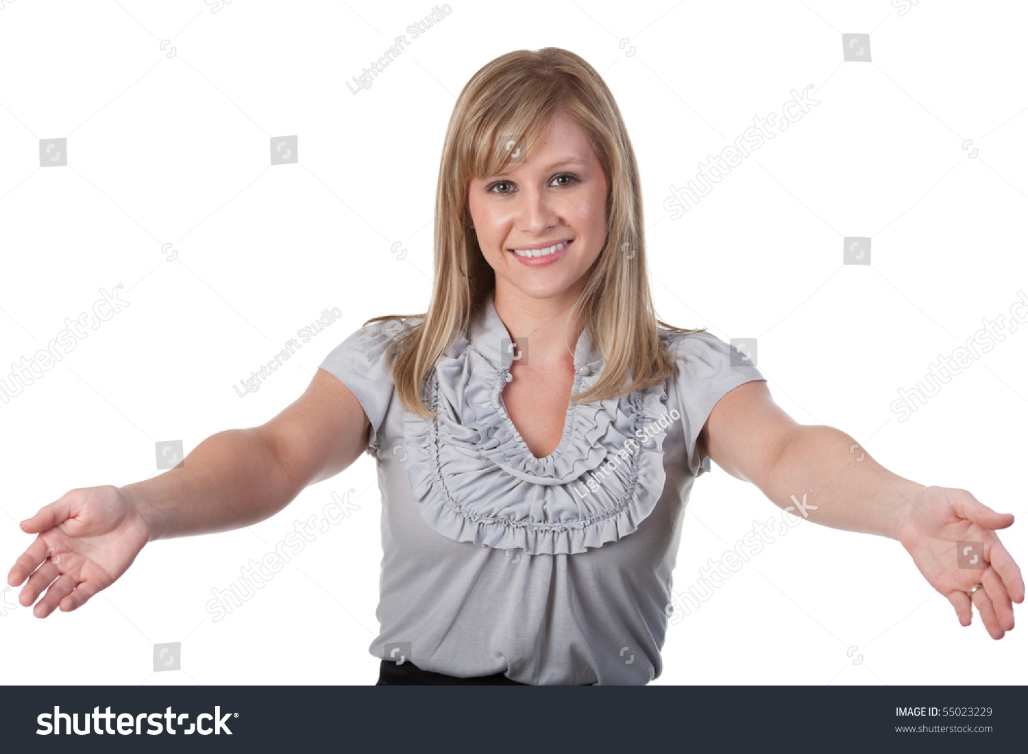 Young Woman Arms Outstretched Welcoming Pose Stock Photo Edit Now 55023229