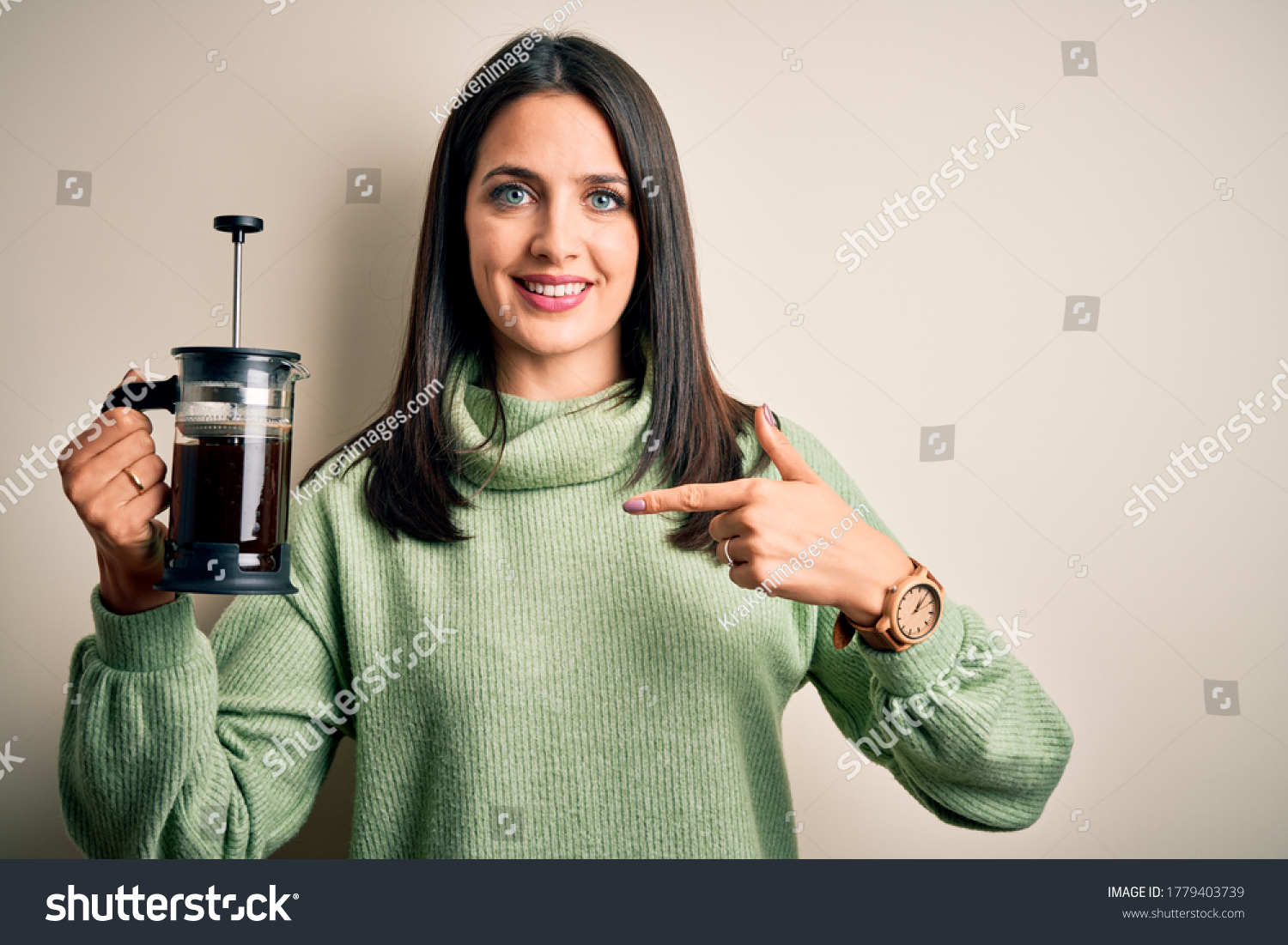  Seafoam Green Classic  Template Design Featuring Young Woman with Blue Eyes Making