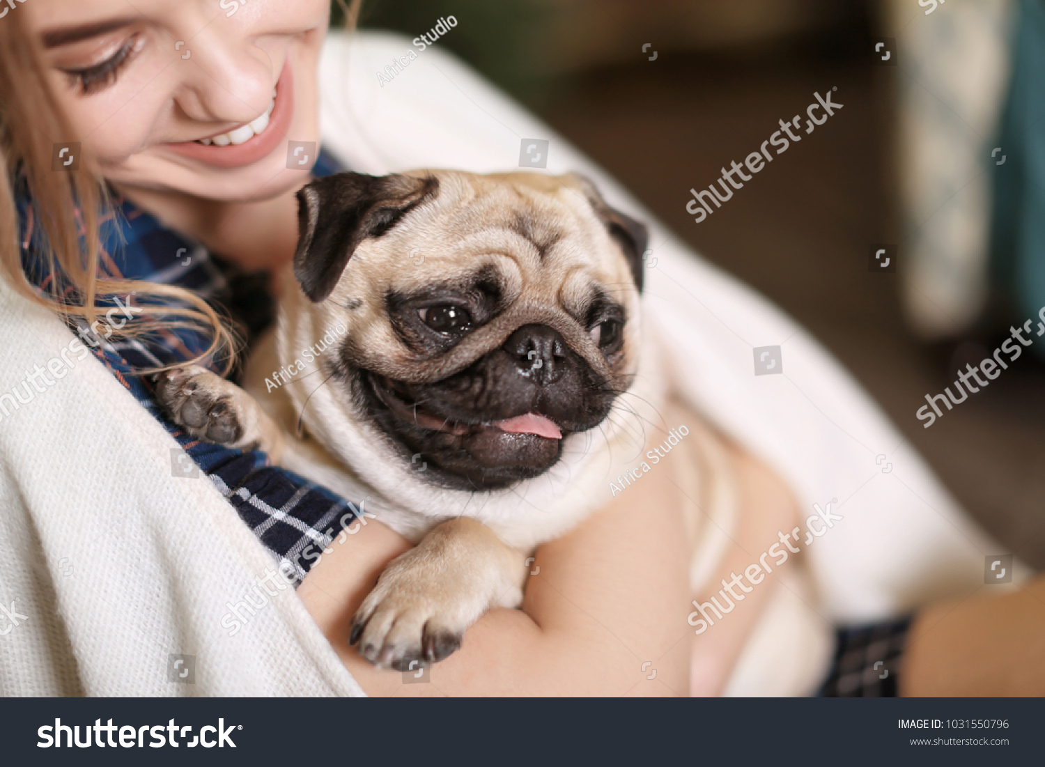 Young Woman Cute Pug Dog Home Stock Photo Edit Now 1031550796