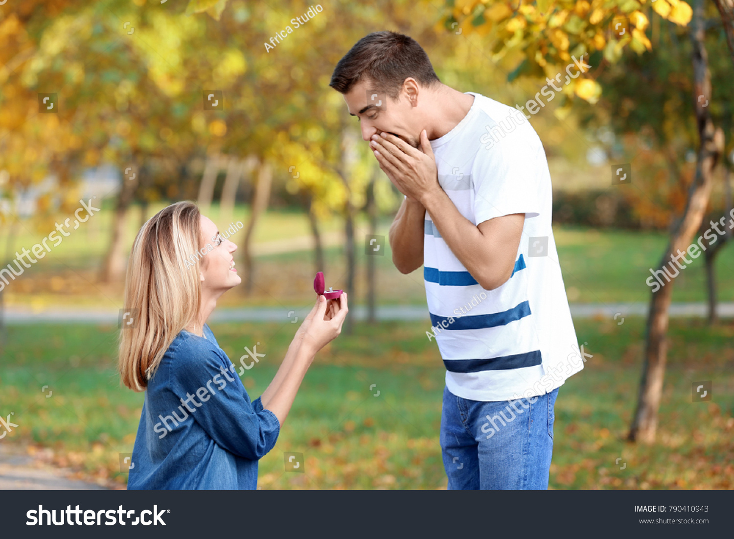 51 453 Woman Proposing To Man Images Stock Photos Vectors Shutterstock   Stock Photo Young Woman With Engagement Ring Making Proposal Of Marriage To Her Boyfriend In Park 790410943 