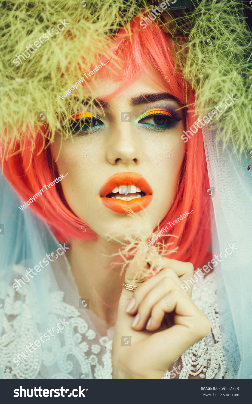 Young Woman Orange Pink Hair Bright Stock Photo Edit Now 769552378