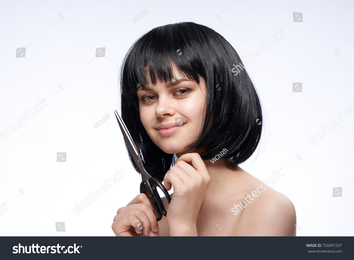 Young Woman Short Haircut Holds Scissors Stock Photo Edit Now