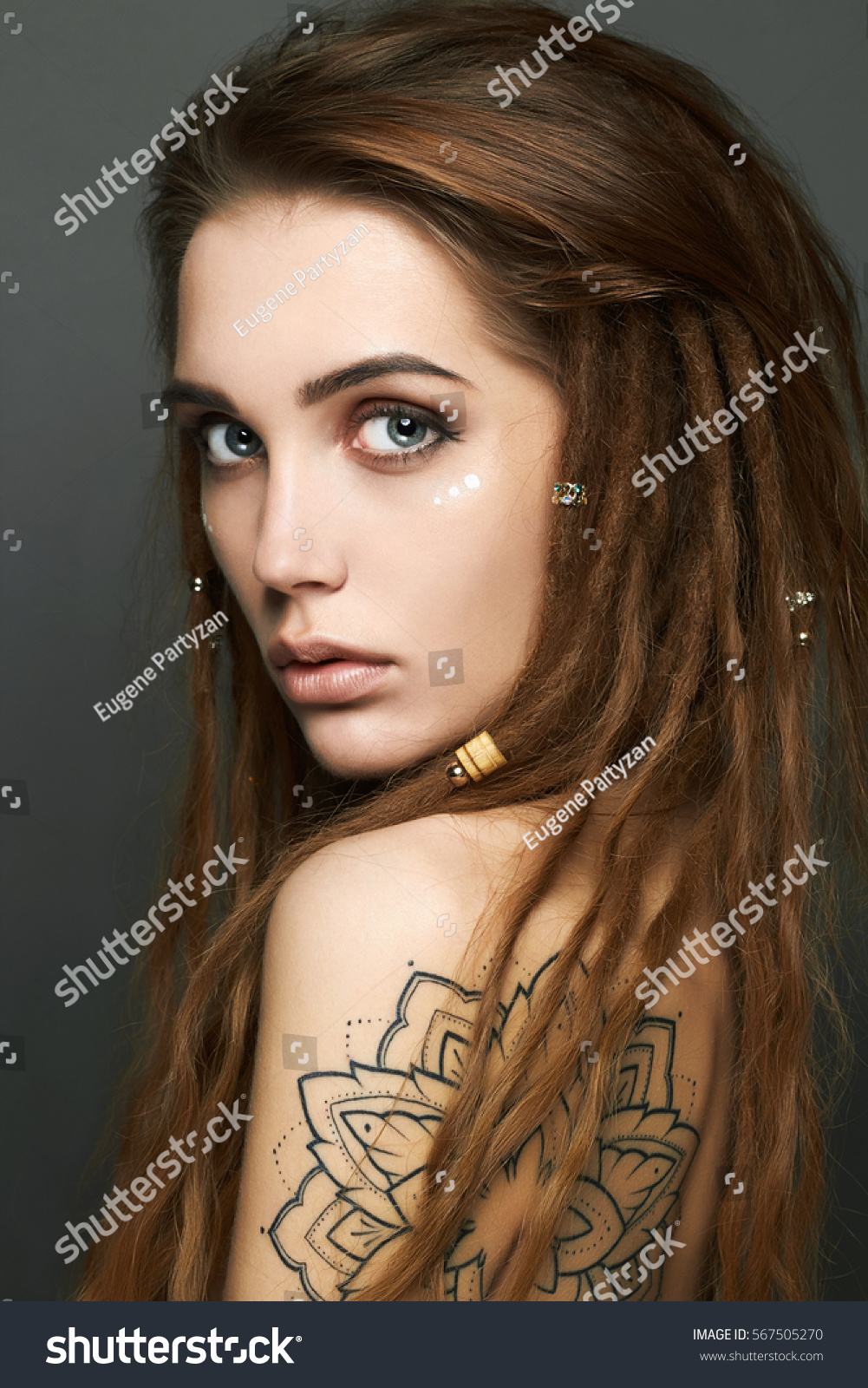 Young Woman Tattoo Dreadlocksbeautiful Girl Makeupfashion