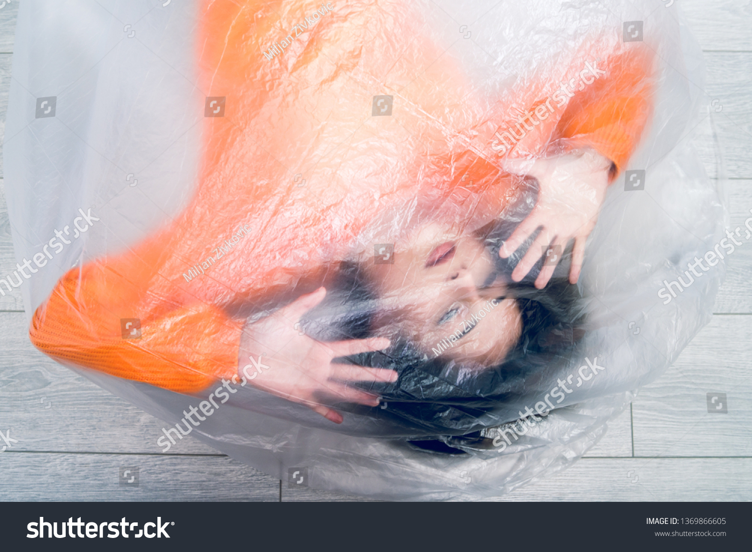 Young Woman Wrapped Nylon Transparent Bag Stock Photo Edit Now 1369866605