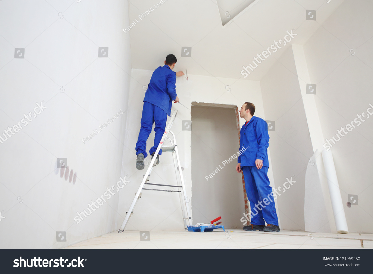 Young Workers Blue Clothes Glue Paint Stock Photo Safe To Use