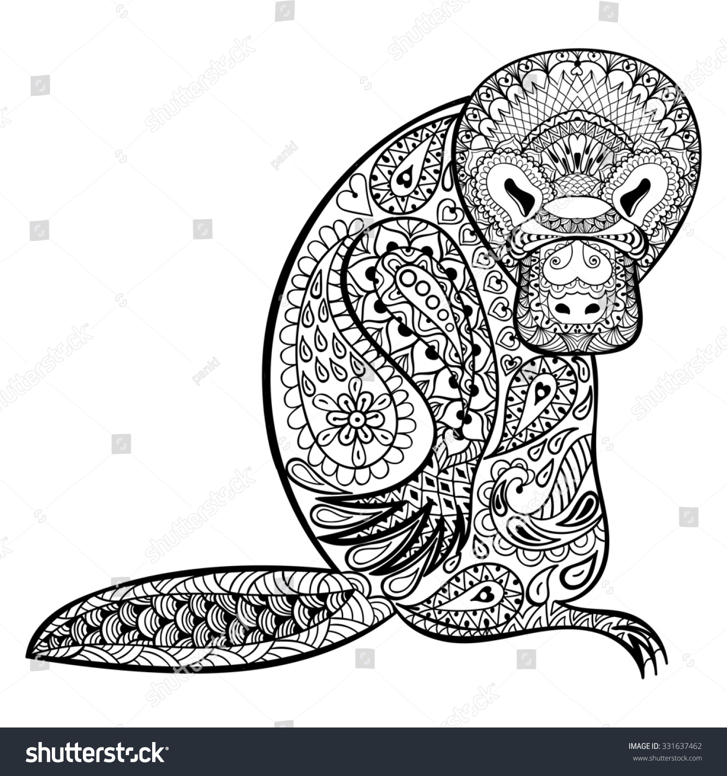 Zentangle Australian Platypus Totem For Adult Anti Stress Coloring Page Art Therapy Tribal Illustration