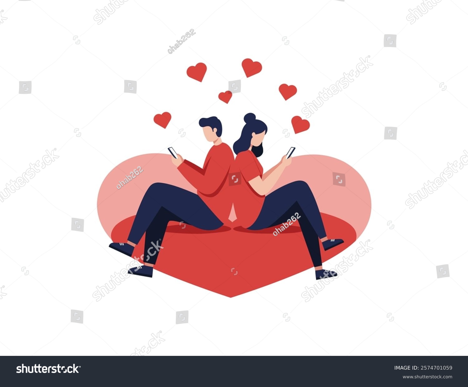 couple sitting back to back, red heart, phones clip art preview