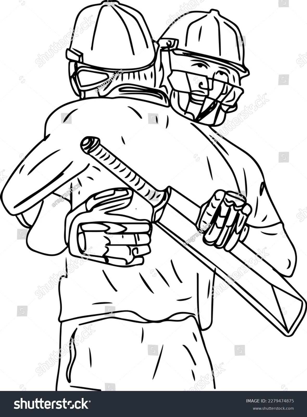 SVG of  A Sketch of Two Victorious Cricket Batsmen, Line Art of Celebrating Cricket Batsmen: A Century and a Hug, Sketching Triumph: Two Batsmen Hugging in Celebration svg