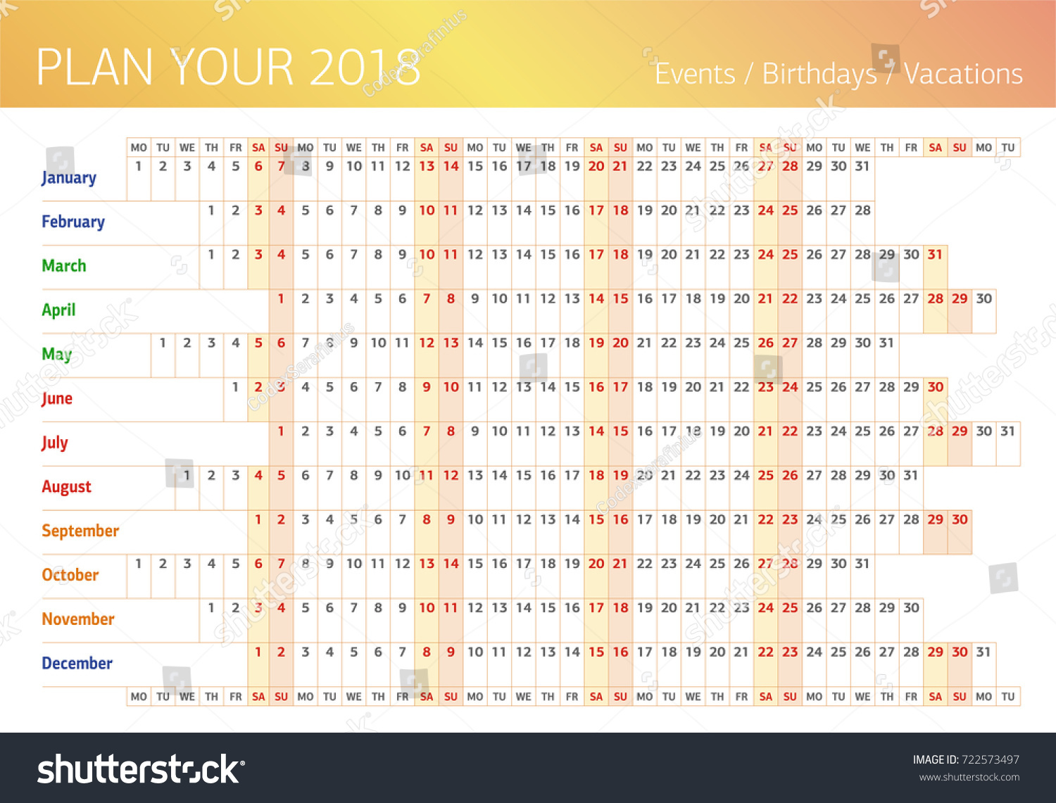 2018 all year wall planner template stock vector royalty free