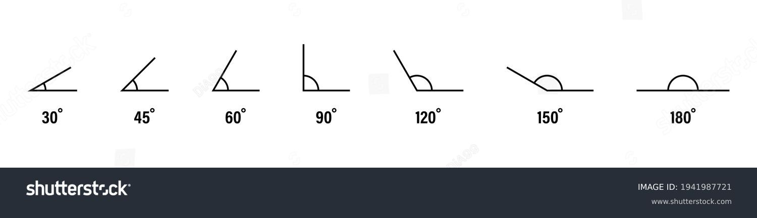 SVG of 30, 45, 60, 90, 120, 150 and 180 degree icon set. Different angles degrees icon set. Angles set svg
