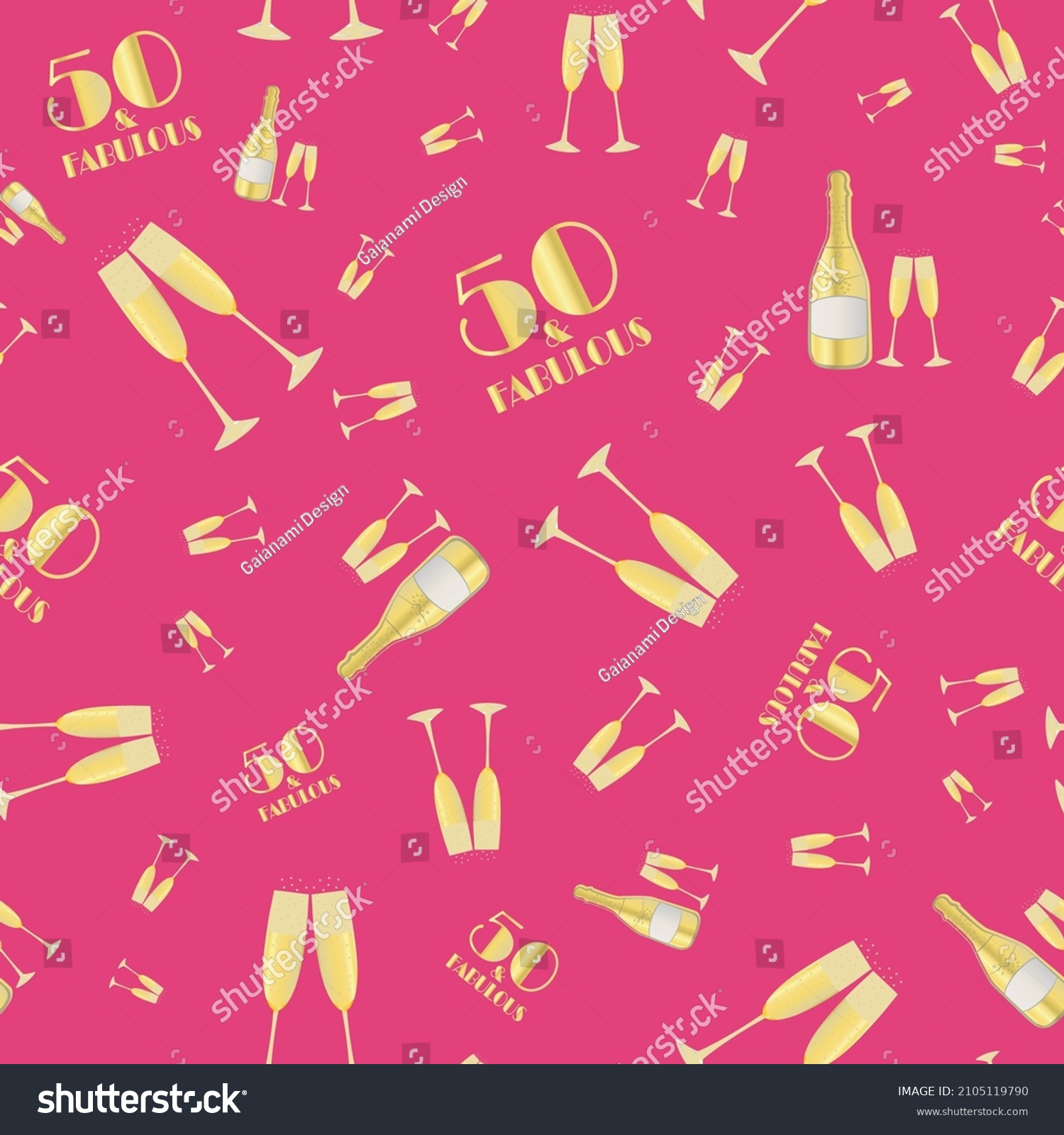 SVG of 50 and Fabulous birthday anniversary celebration vector seamless pattern with champagne bottles and glasses. Gold and hot pink background. Fizzy drinks and 1920s font. Repeat for party, business event svg