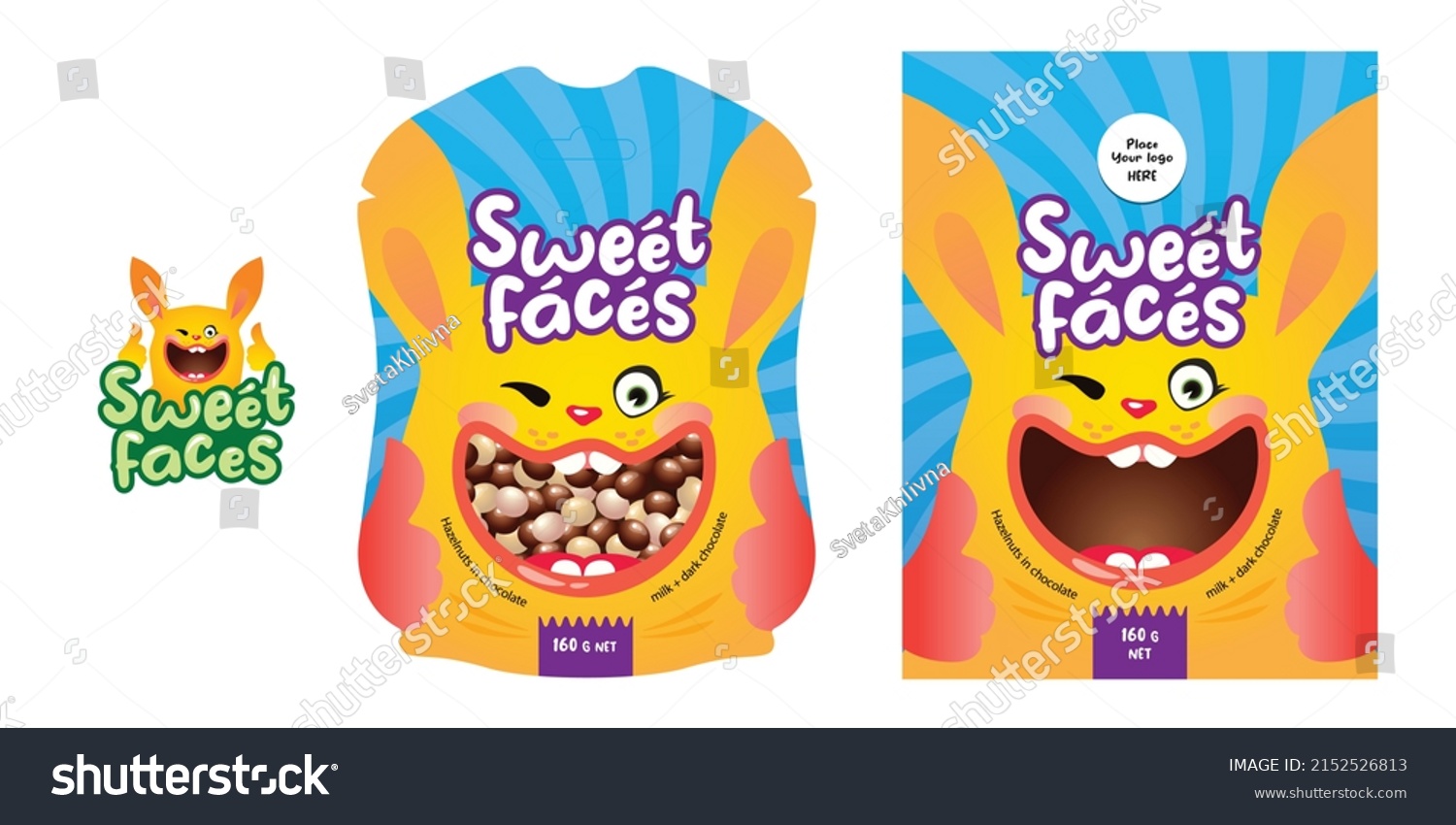 SVG of Сandy or snack packaging design with cheerful bunny. Vector editable template svg