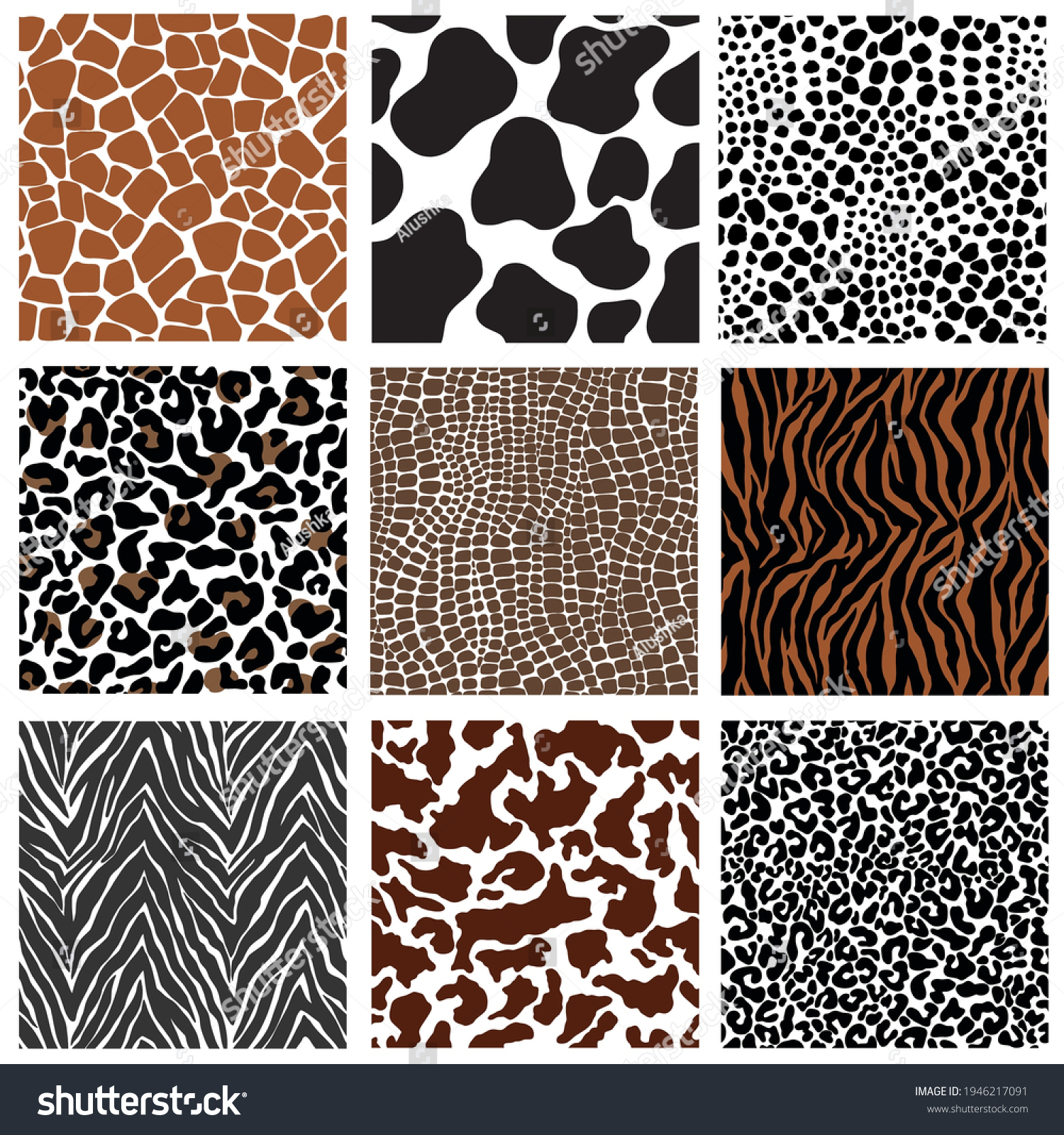 SVG of 9 Animal Skin Print Seamless Pattern, Cheetah Leopard Cow Snake Tiger Zebra Alligator  Giraffe Seamless Pattern Textures Background svg
