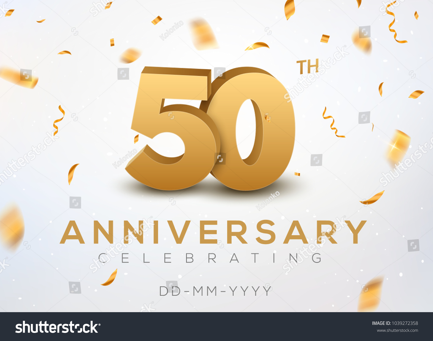 SVG of 50 Anniversary gold numbers with golden confetti. Celebration 50th anniversary event party template. svg