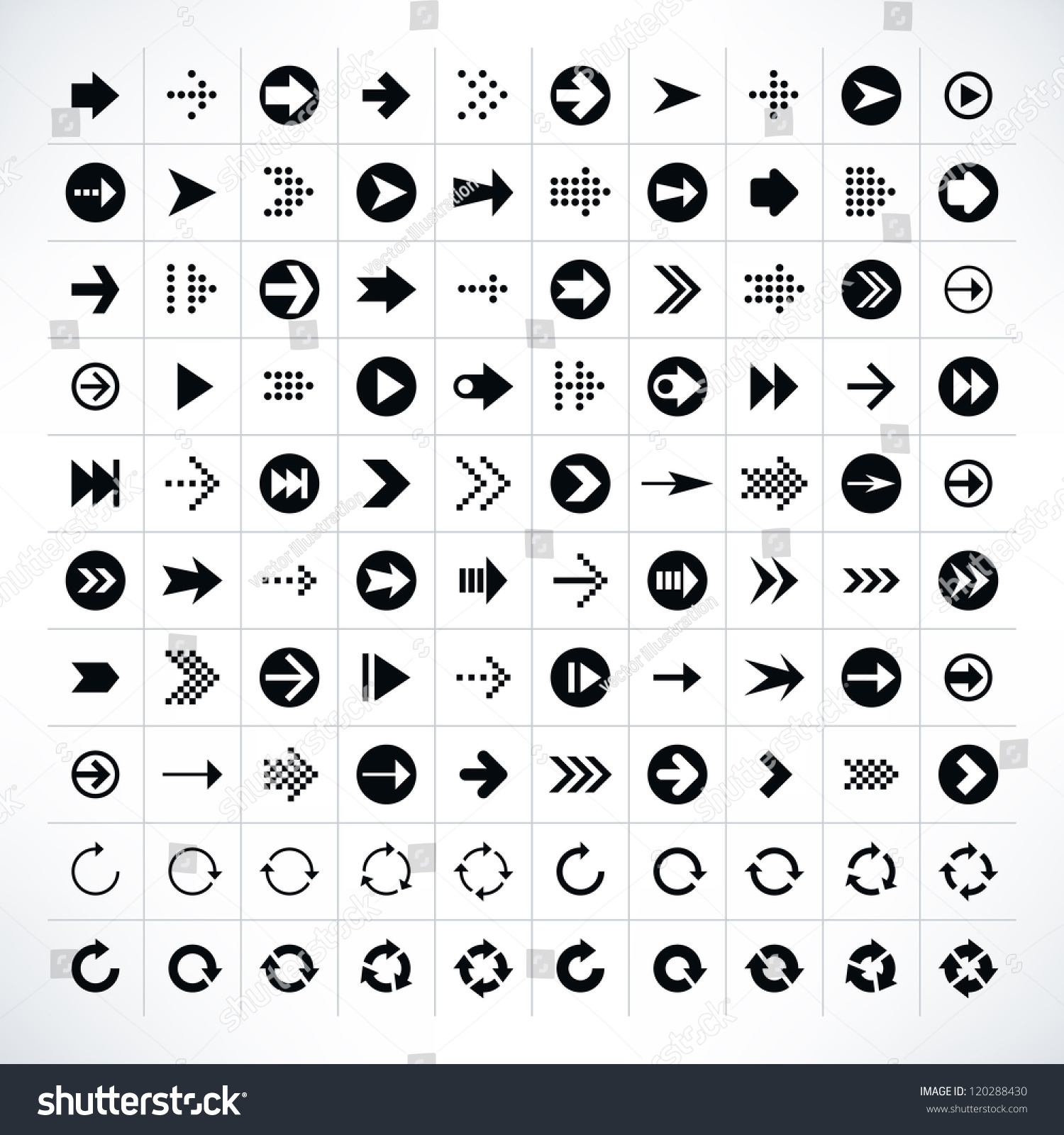 SVG of 100 arrow sign icon set. Volume 01 (black version). Modern simple pictogram minimal, flat, solid, mono, monochrome, plain, contemporary style. Vector illustration web internet design elements in 8 eps svg