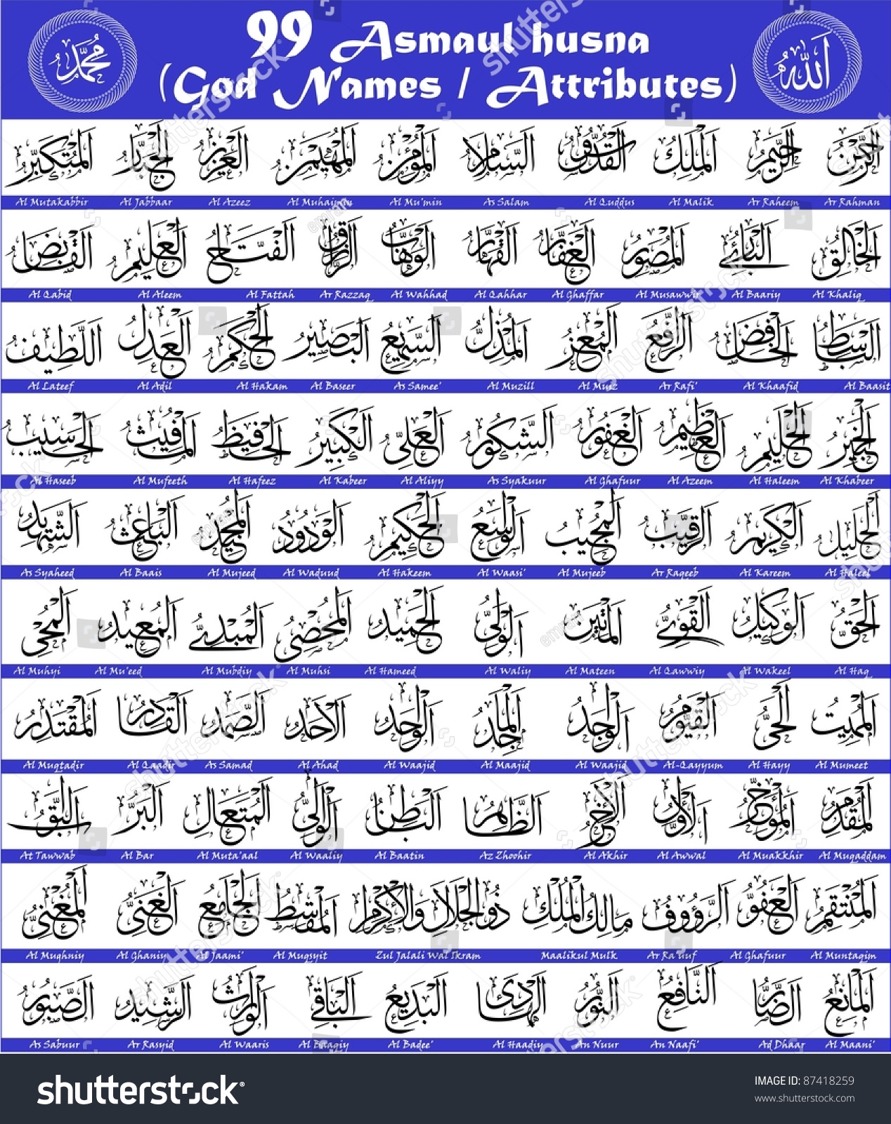 99 Attributes Names Allah Asmaul Husna  Stock Vector 