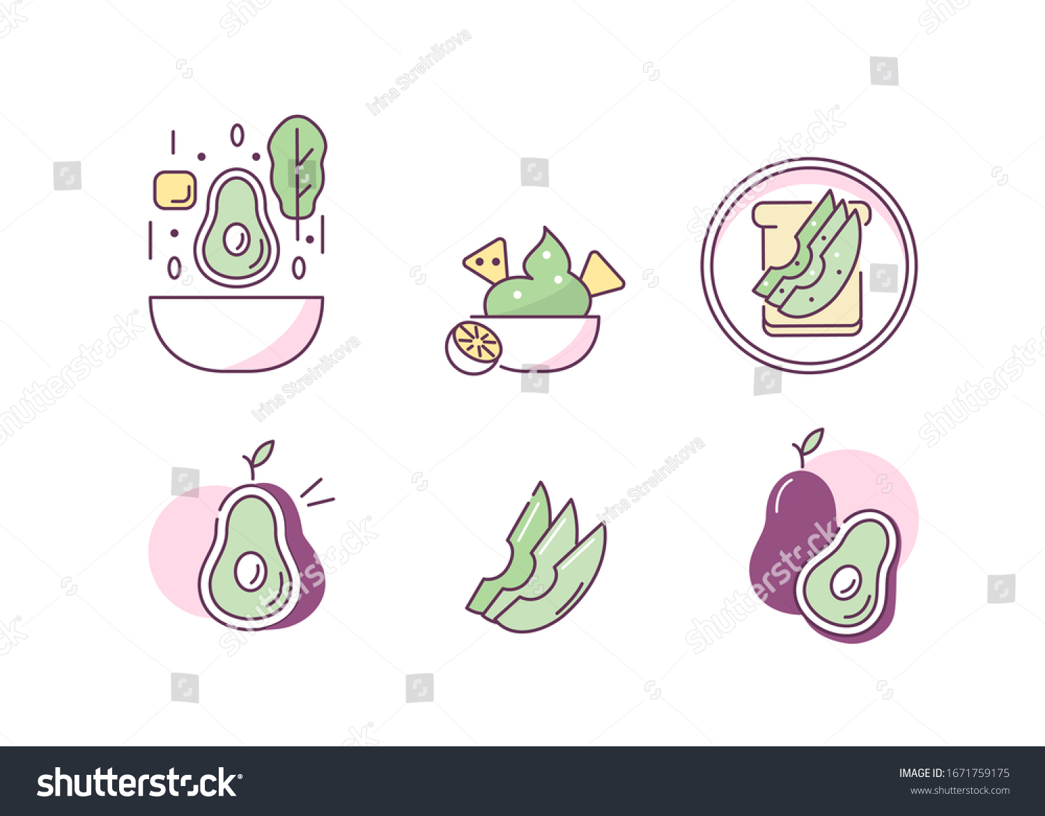 SVG of 
Avocado Fruit and Dishes Icons Set. Various Healthy Meals Symbols. Poke Bowl, Guacamole Dip and Snacks. Cutted in Half and Sliced Avocado Signs Collection. Flat Line Cartoon Vector Illustration. svg
