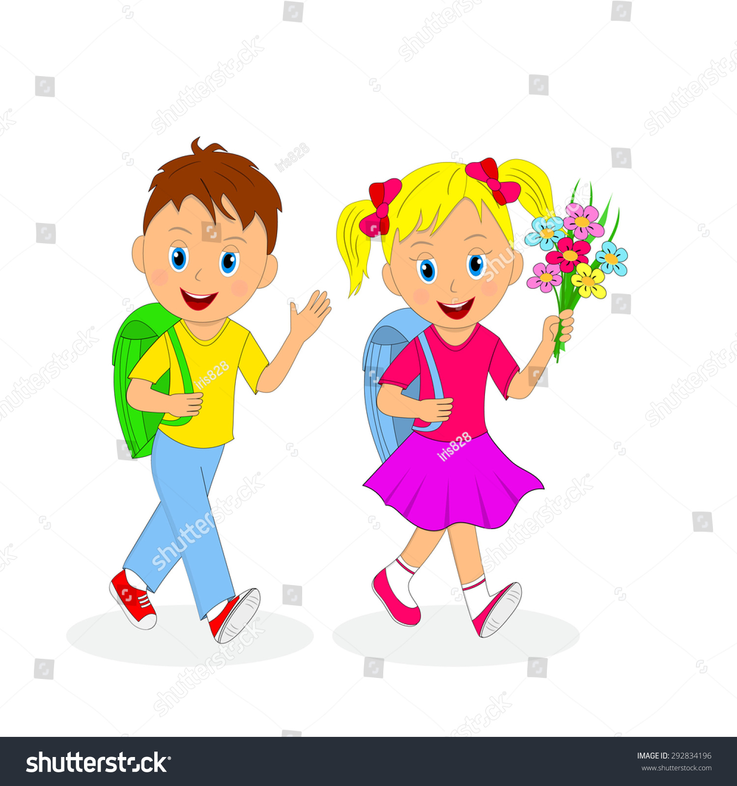 Back To School. Children Going To School. Girl With Flowers, The Boy ...