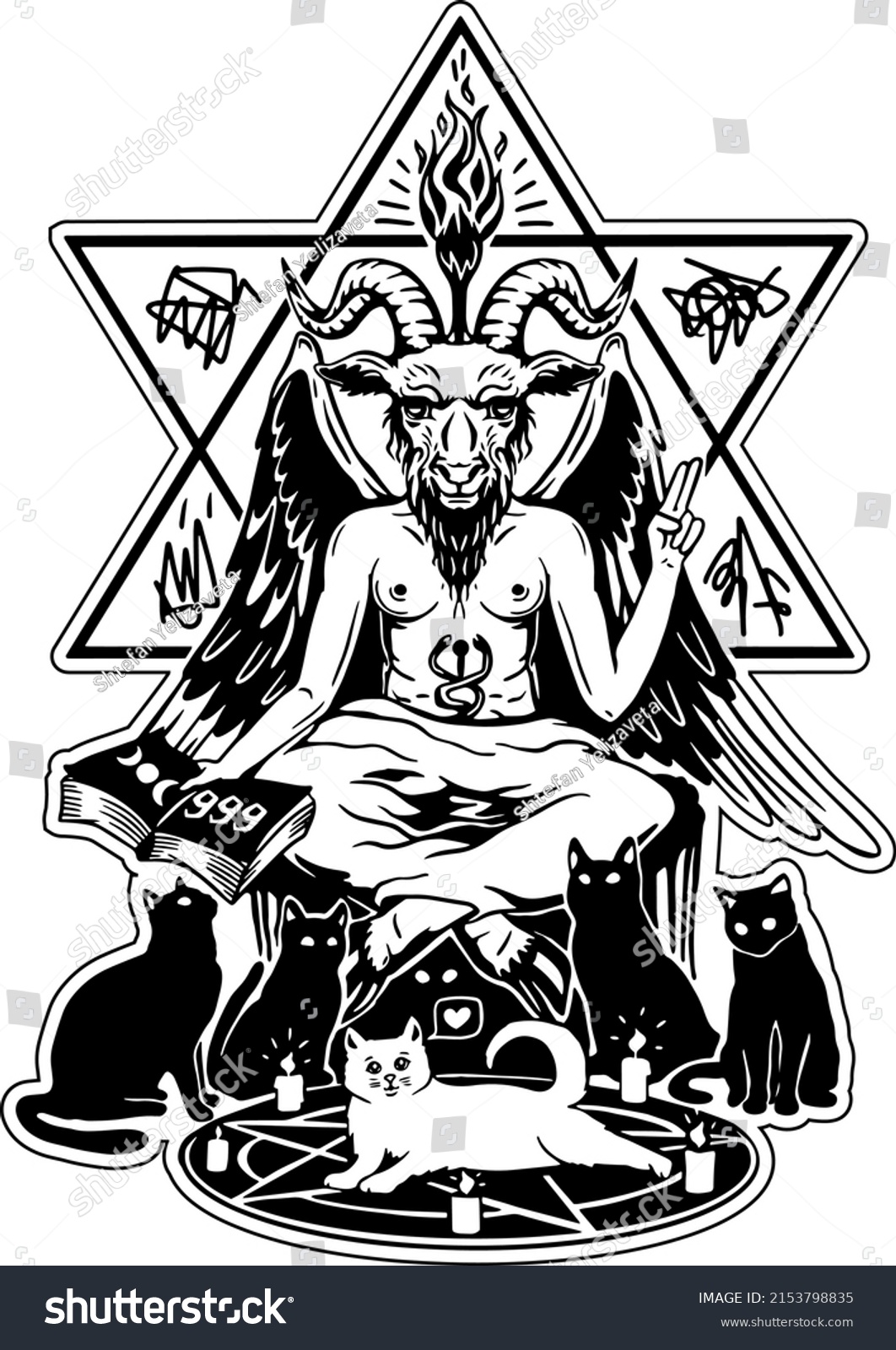 SVG of 
Baphomet. Vector illustration in engraving technique of demon with goat head, wings and woman body.With black cats and a white cat in the middle.Satanic, occult symbol. Isolated on white background.
 svg