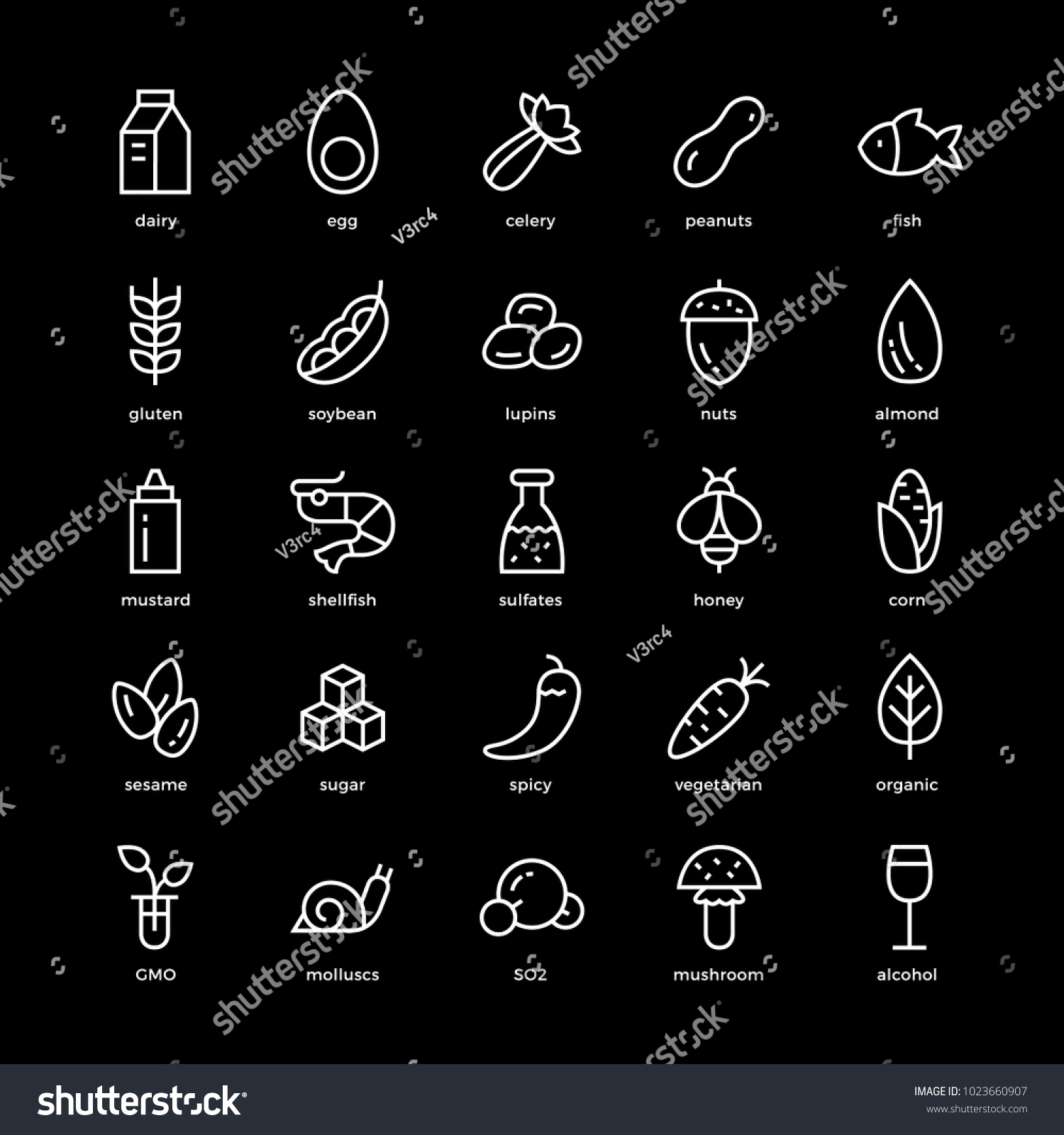 SVG of 25 basic allergens and diet line icons set. Isolated on black background. svg