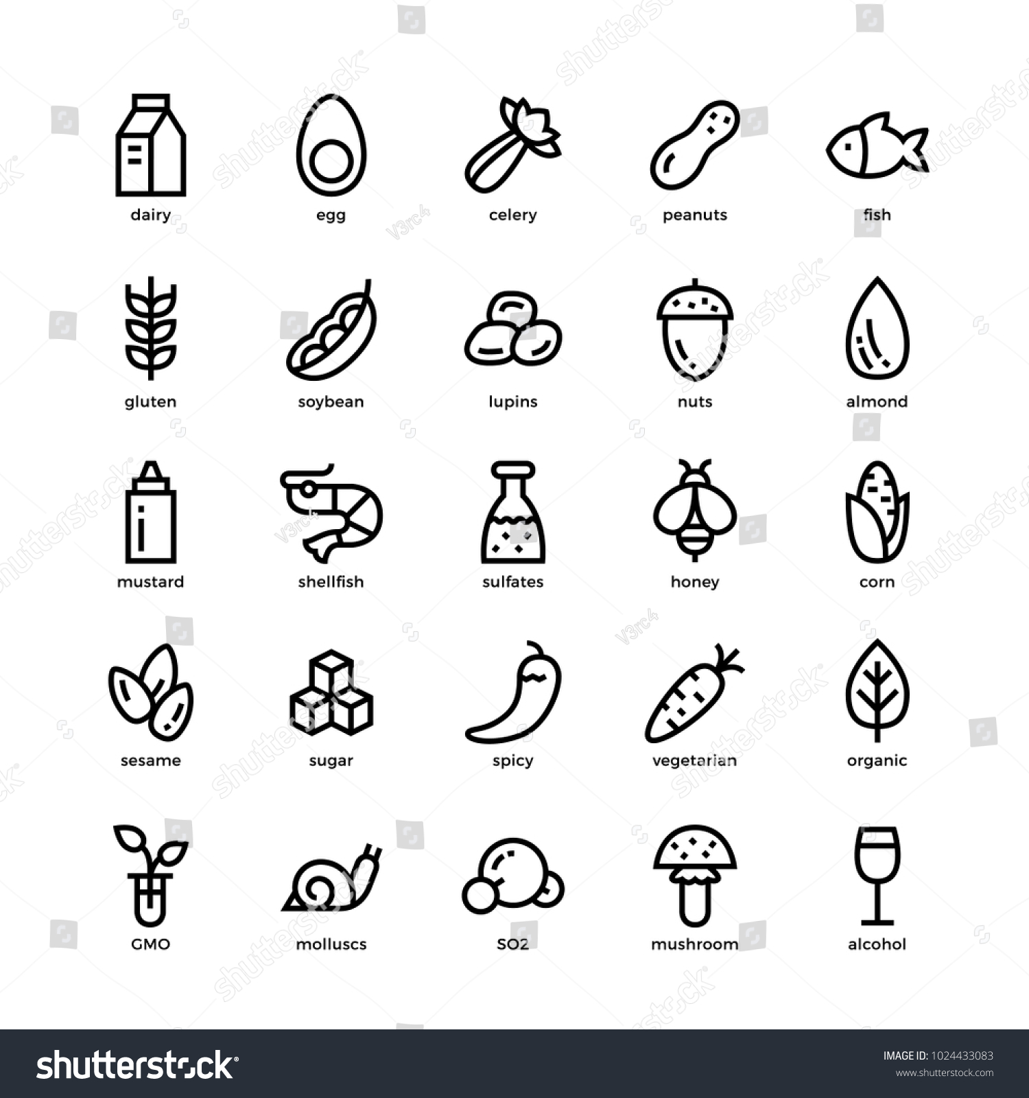 SVG of 25 basic allergens and diet line icons set. Isolated on white background. svg
