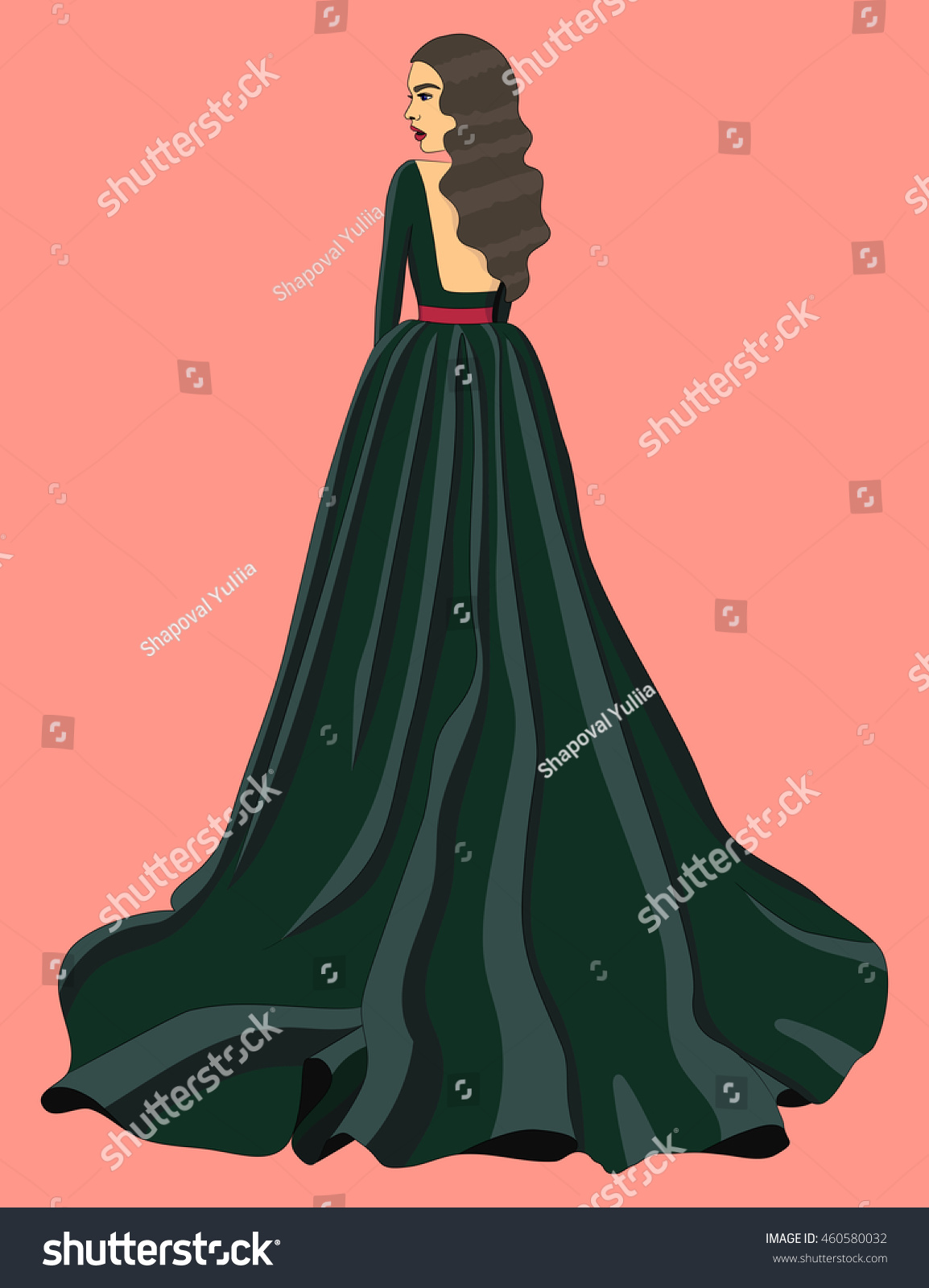 Beautiful Darkhaired Girl Luxurious Long Green Stock Vector Royalty