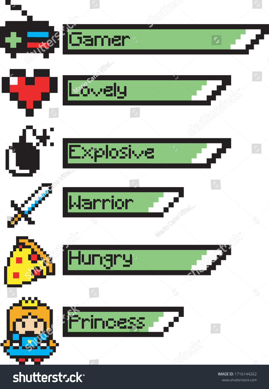 8Bit PixelArt RetroVideoSpiel EnergieBarSteuerung, Herz, Schwert