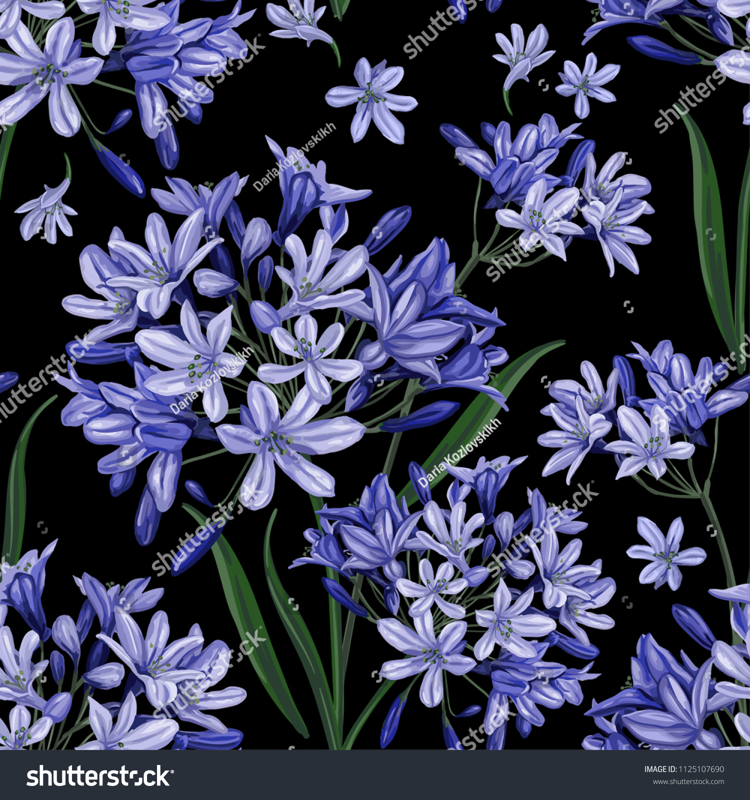 SVG of 
Blue flowers on a black background. Fashionable seamless pattern svg