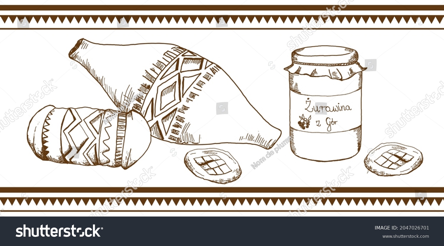 SVG of 
Brown graphics in a decorative frame presenting highlander cheese produced in Zakopane and a cranberry in a jar. svg