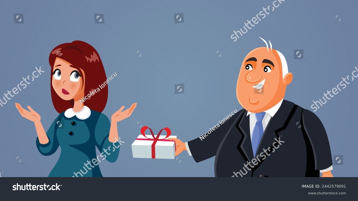 SVG of 
Business Manager Giving Inappropriate Gift to his Secretary Vector Cartoon. Unhappy woman being stalked by her boss refusing advances in the workplace
 svg
