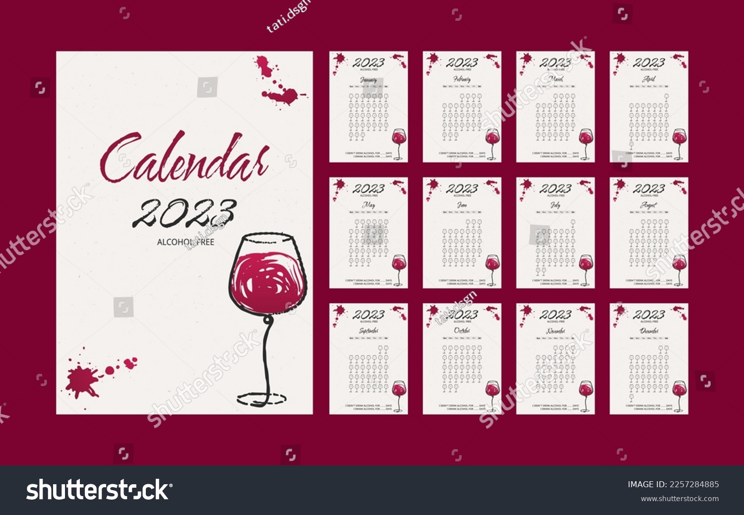 SVG of 2023 calendar, alcohol checklist. Habit tracker. Quit drinking. Watercolor grunge hand drawn sketch of wine glasses. Red paint splash. Vector template. Monthly calendar for Alcoholics Anonymous. svg