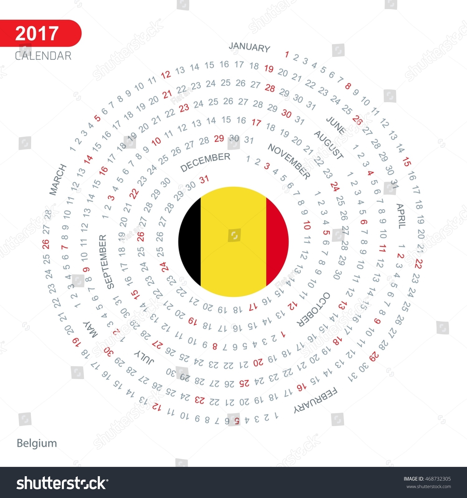 2017 Calendar, Belgium Country Flag Circle Button, Spiral Calendar ...