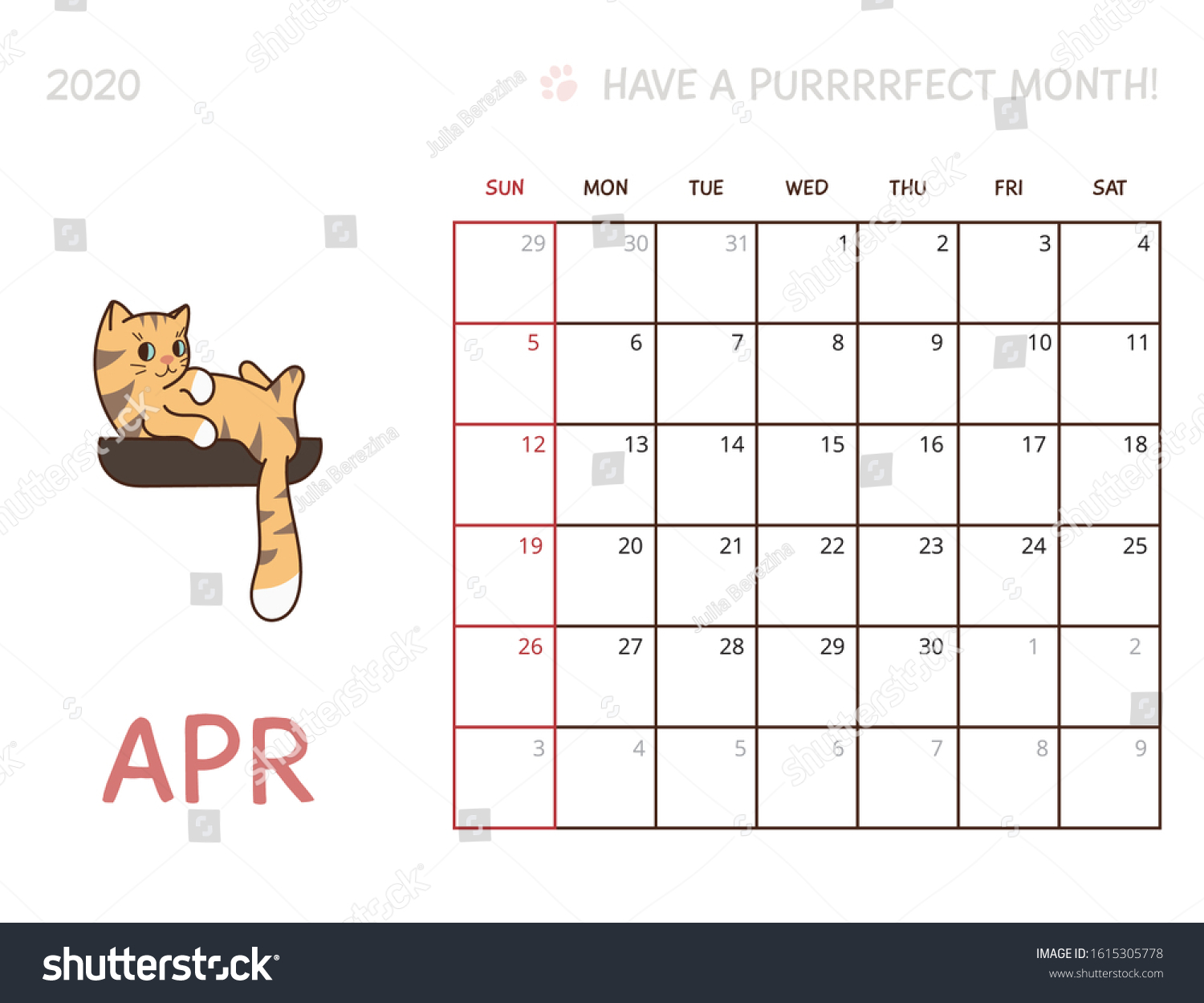 Calendar 2020 Dated Template April Planner Stock Vector Royalty Free 1615305778