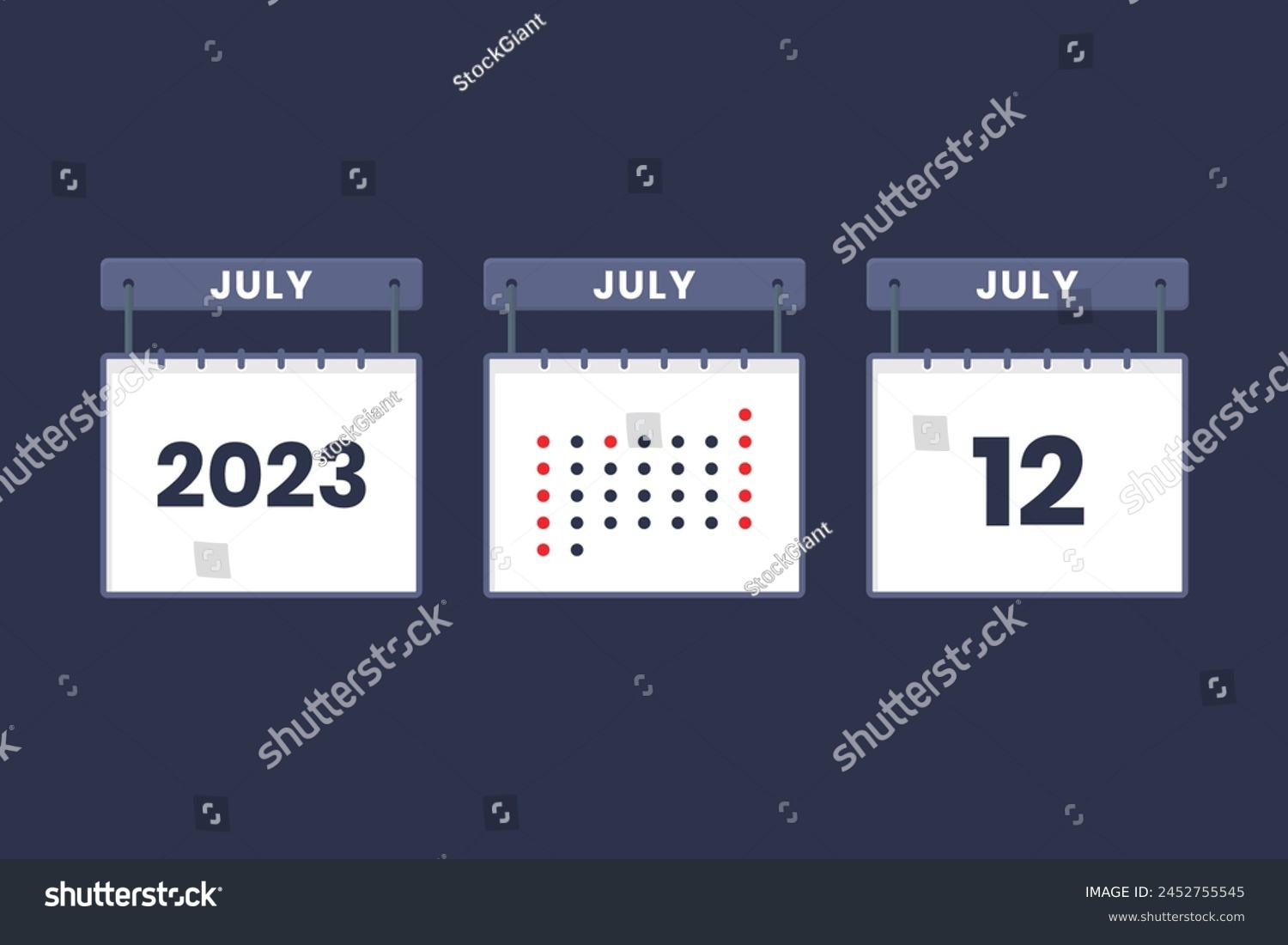 SVG of 2023 calendar design July 12 icon. 12th July calendar schedule, appointment, important date concept. svg