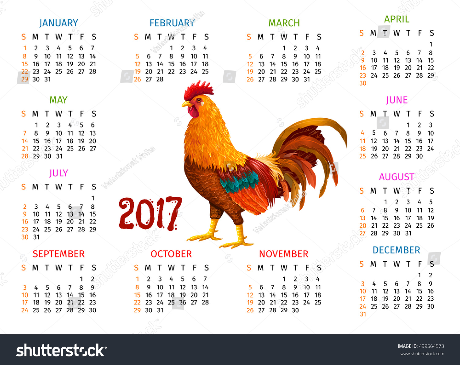 2017 Calendar Design Rooster Year Stock Vector (Royalty Free) 499564573 ...