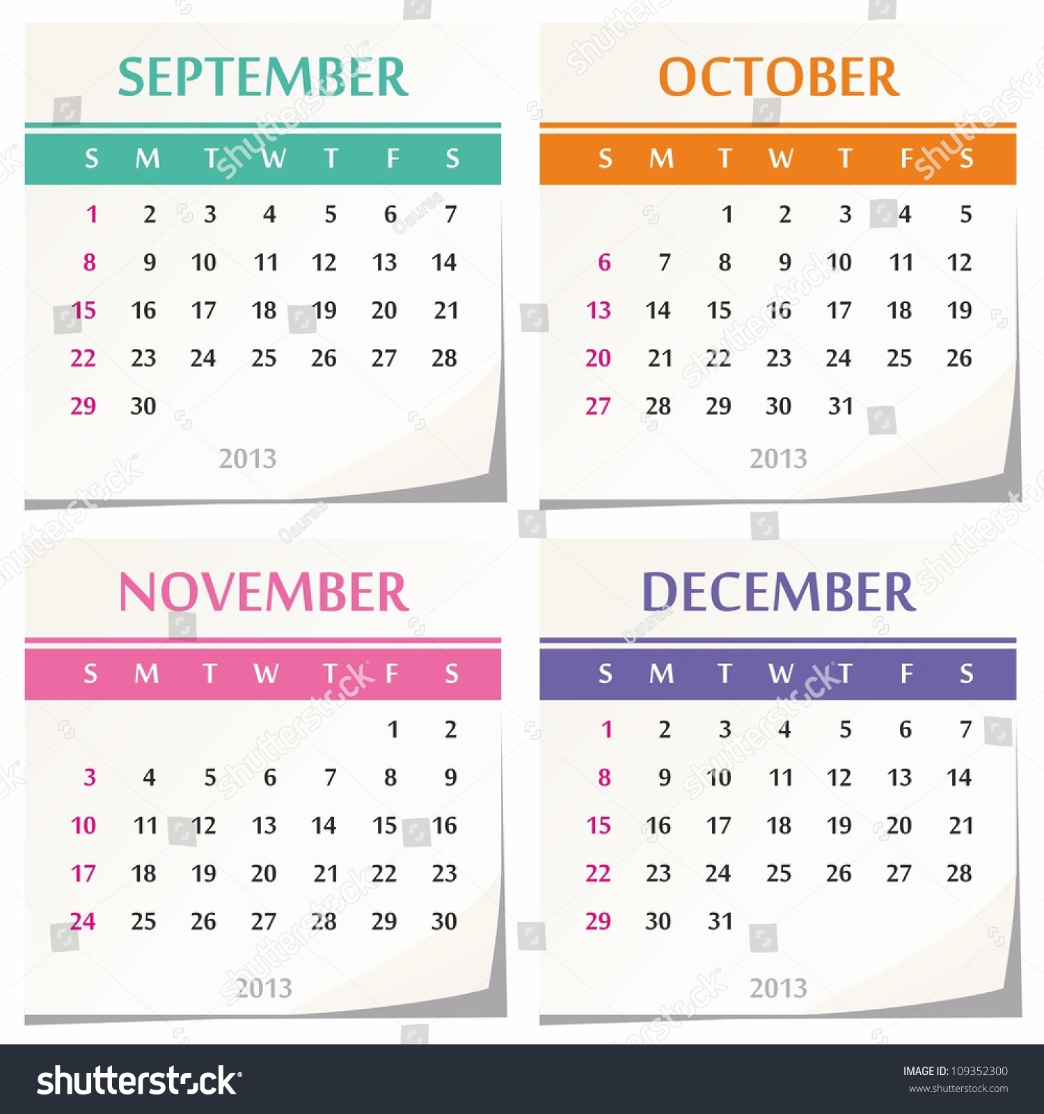 2013 Calendar Design Set Of Four Months (September October November