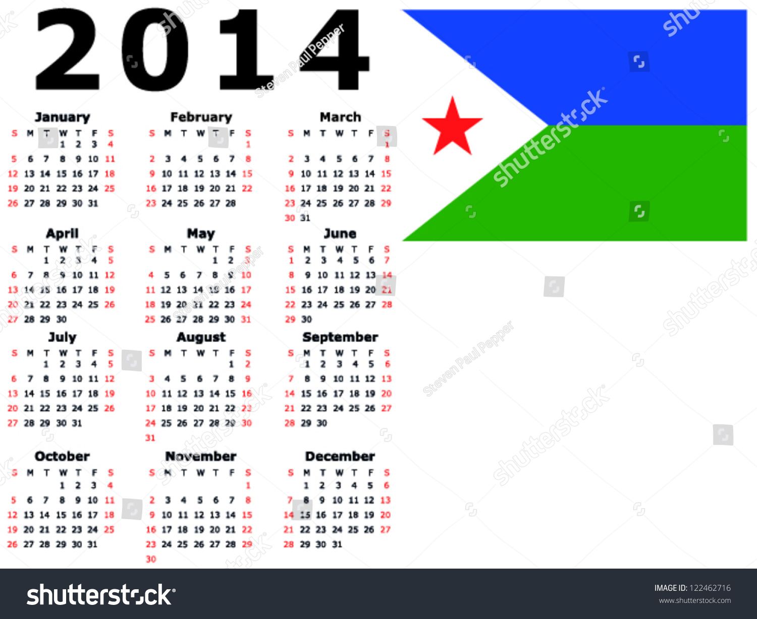 2014 Calendar Flag Djibouti Stock Vector (Royalty Free) 122462716