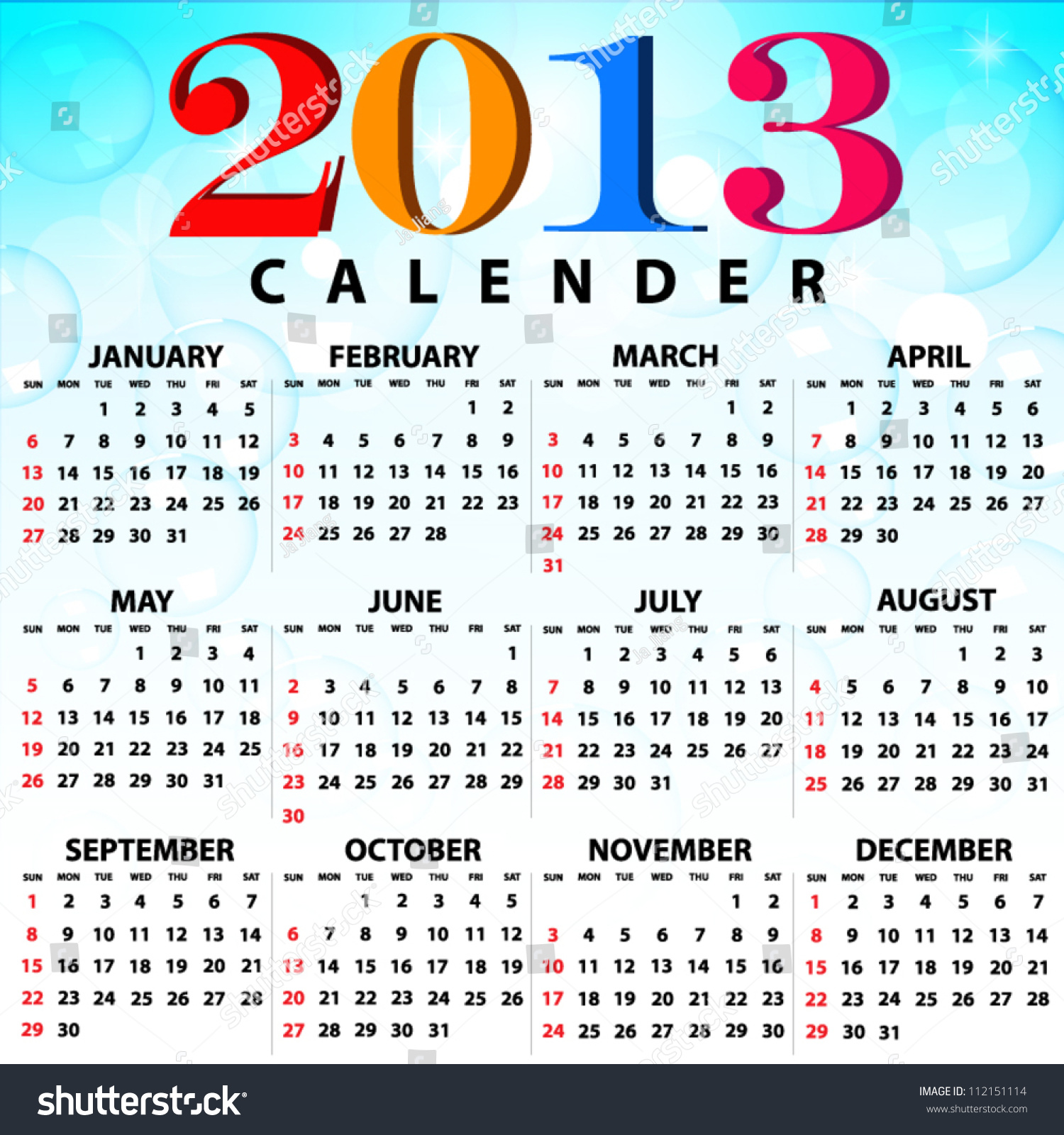 2013 Calendar Full Year 12 Months Stock Vector (Royalty Free) 112151114 ...