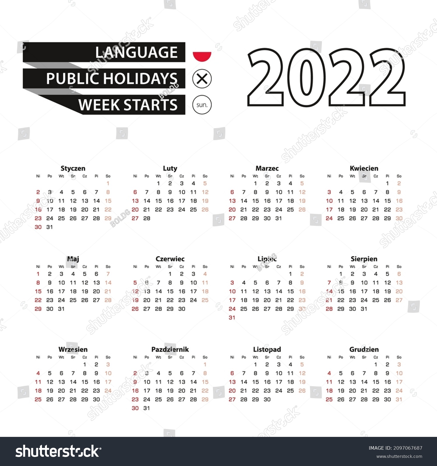 2022 Calendar Polish Language Week Starts Stock Vector (Royalty Free ...