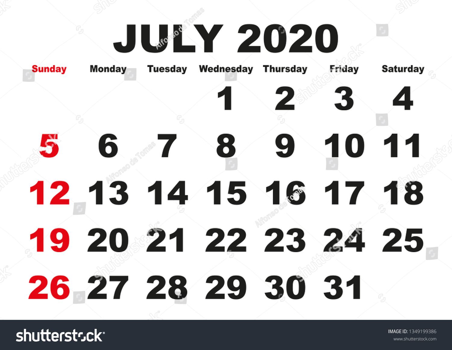 2020 calendar july month vector printable stock vector royalty free 1349199386