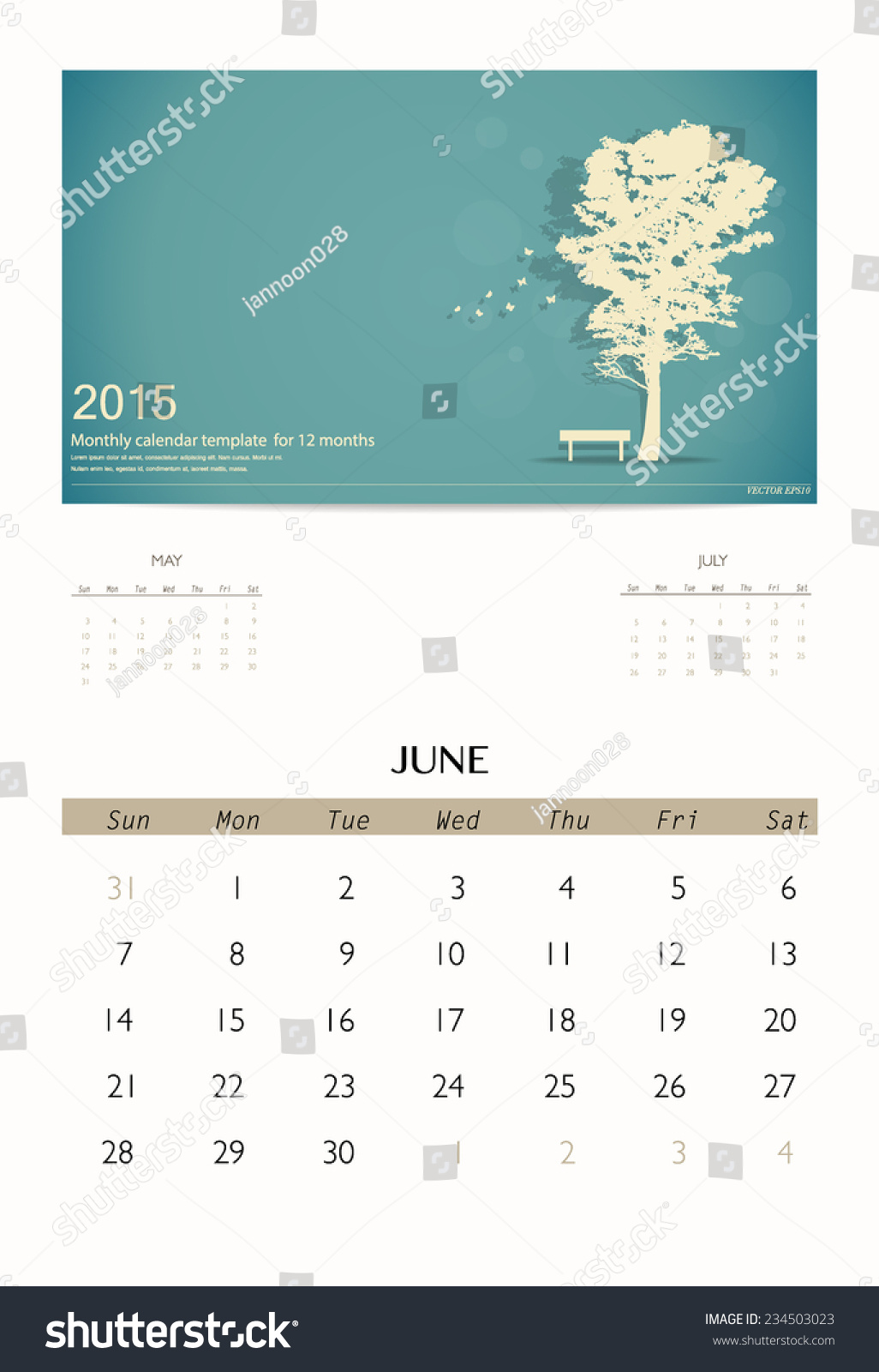 2015 Calendar Monthly Calendar Template June Stock Vector (Royalty Free