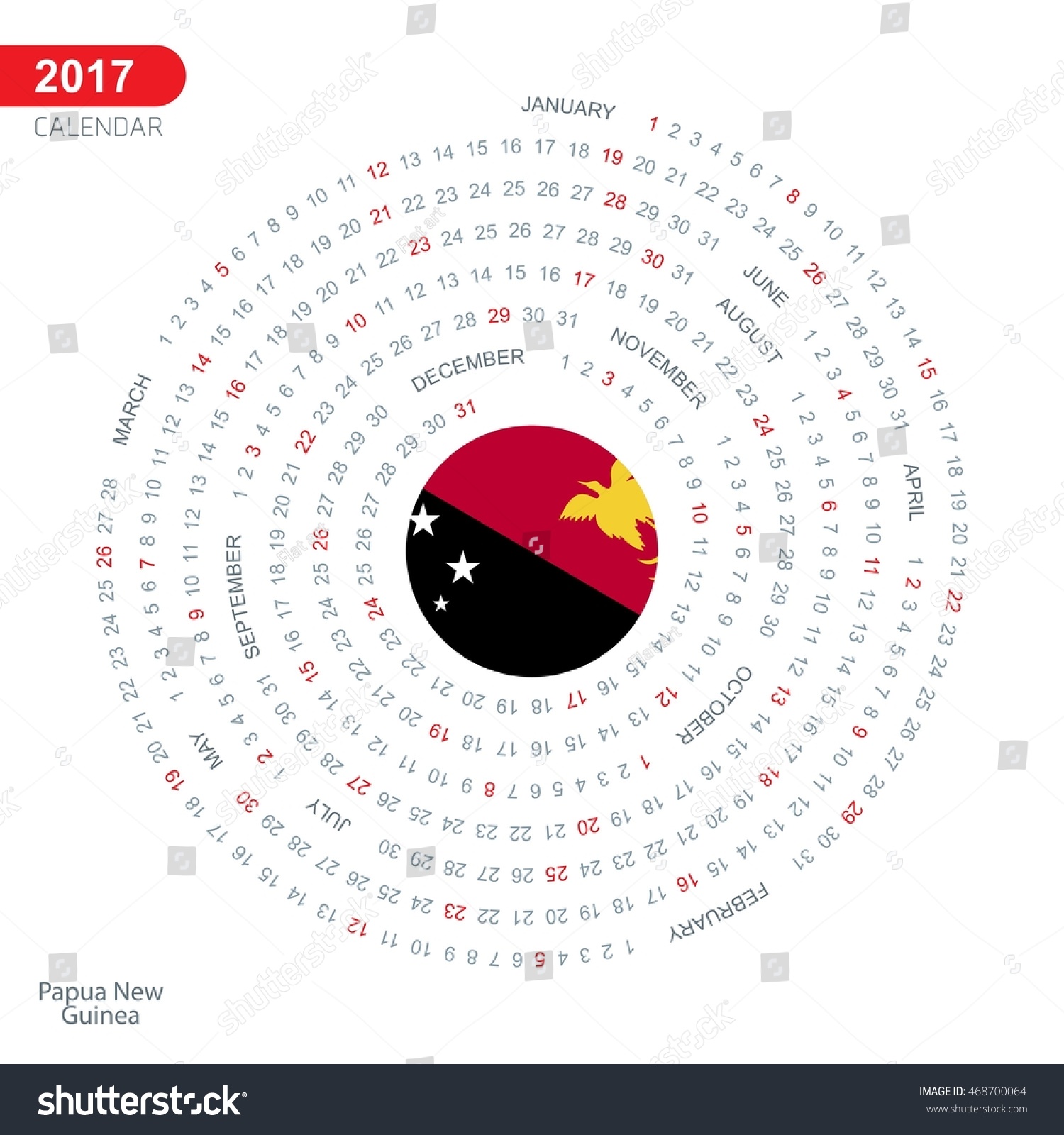 2017 Calendar, Papua New Guinea Country Flag Circle Button, Spiral