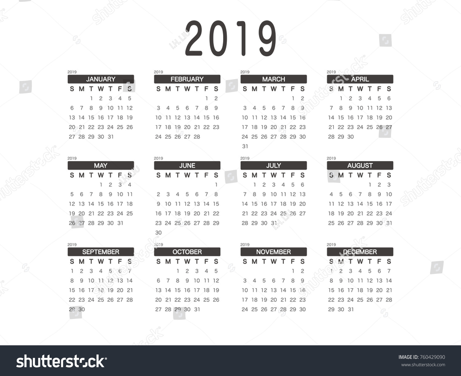 126.058 2019 year calendar Gambar, Foto Stok & Vektor | Shutterstock