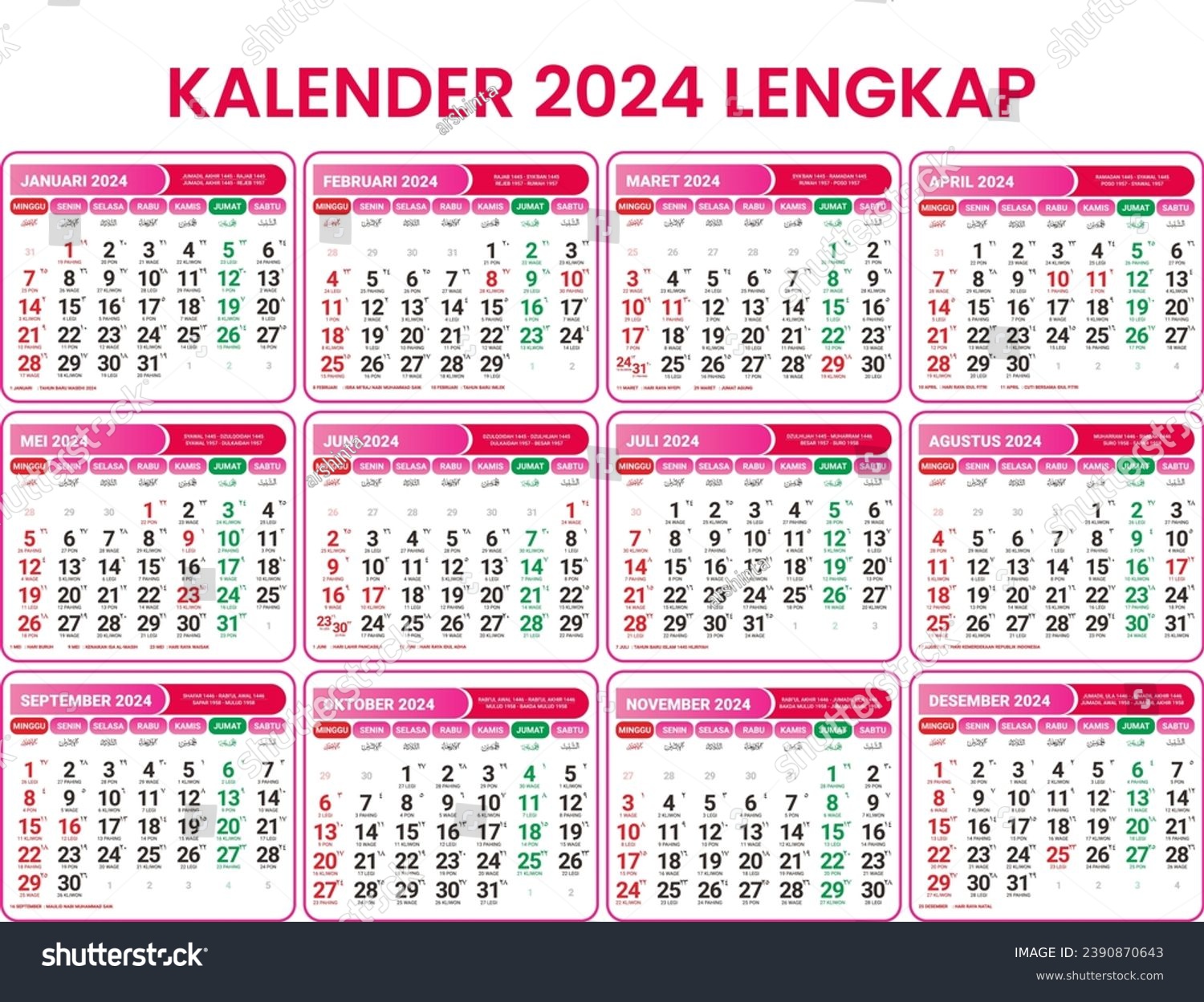 SVG of 2024 Calendar Template, Desk calendar template. Pink calendar, complete calendar with Hijri date, Indonesian svg