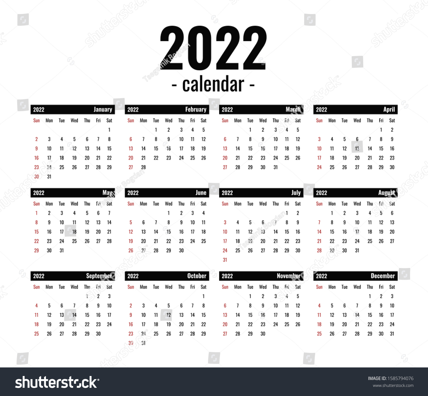 Full 2022 Calendar 2022 Calendar Template Computer Black White Stock Vector (Royalty Free)  1585794076