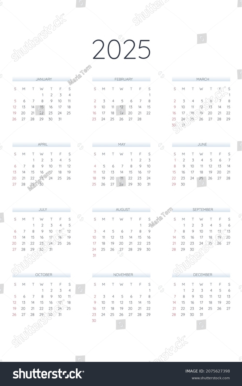 2025 Calendar Template Classic Strict Style Stock Vector (Royalty Free ...