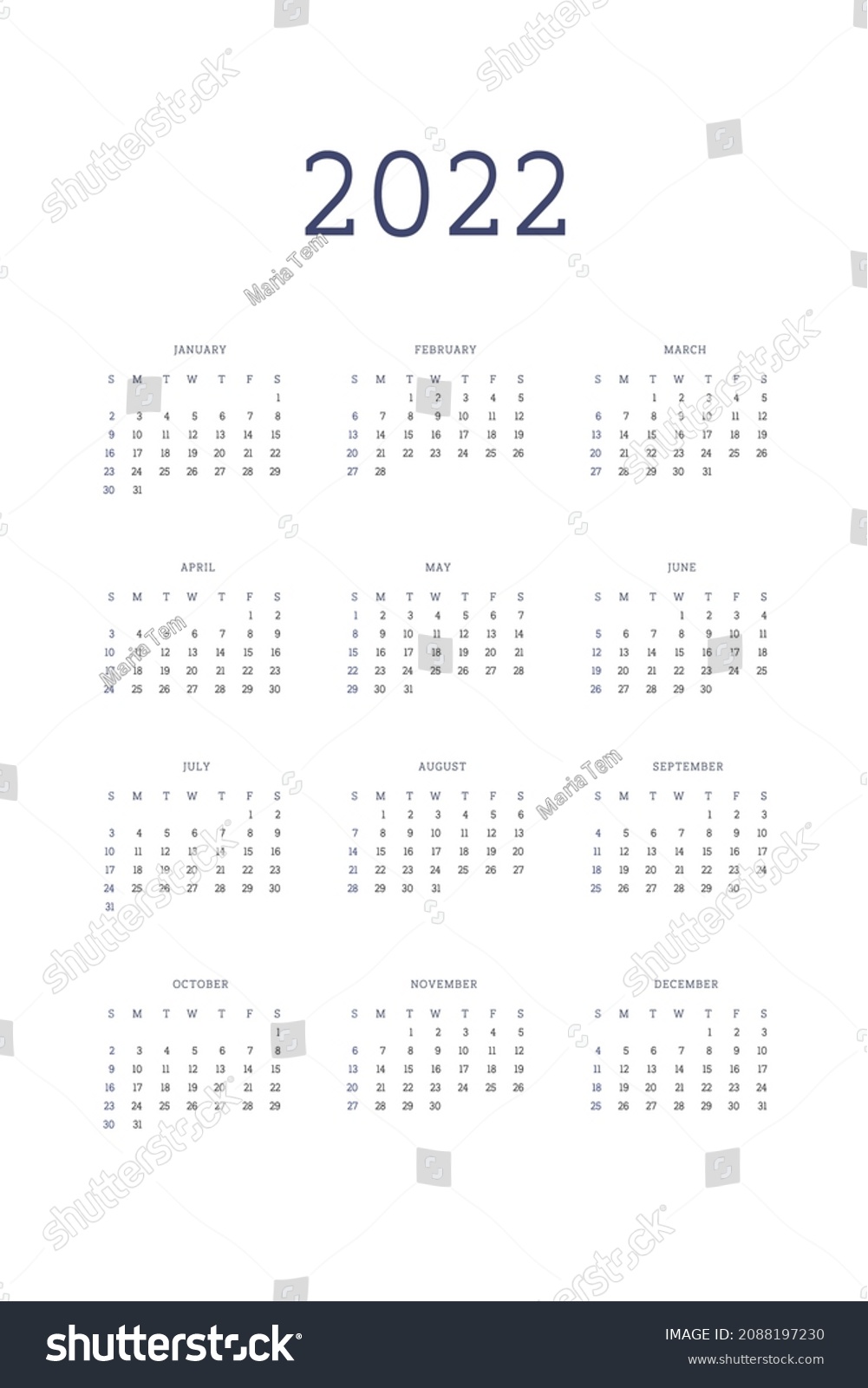 2022 Calendar Template Individual Planner Minimalist Stock Vector ...